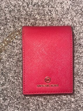 Michael Kors Red Saffiano Card Case with Gold Chain